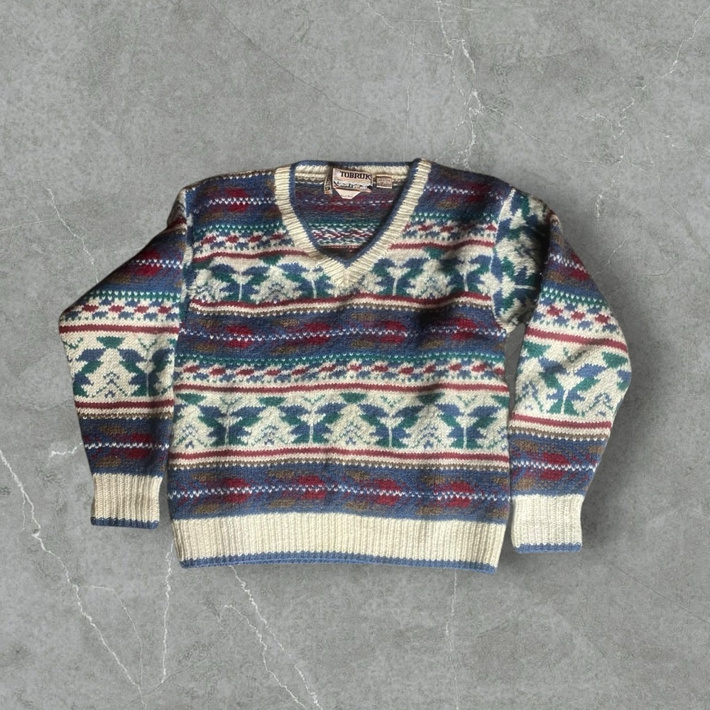 VTG Tobruk Sweater Mens‎ Large White Multicolor Handknit Fair Isle Shetland Wool